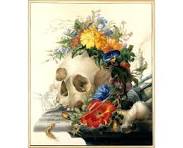 Impresión artística de calavera con flores, calavera con flores, vanitas,  bodegón holandés, arte de calaveras antiguas, muerte, mortalidad, memento