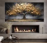 Impresión en lienzo de pintura de árbol con hojas doradas, póster de árbol  en flor, dorado en interiores, decoración de dormitorio de lujo dorada, ...
