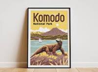 Komodo National Park Indonesia Art Print Vintage Travel Poster Mid Century  Modern Animal Illustration