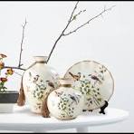 Chinees Porselein Decoratieve Vaas en Bord Wit Vogels Handgemaakt Set/3