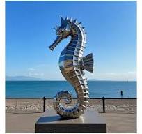 Escultura de caballito de mar de gran tamaño y realista en acero  inoxidable, decoración de jardín