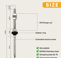 SUS304 Solar Hanger Bolts 200 mm with M10 Nuts & EPDM (6/10 Pcs)
