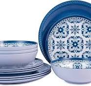 Melamine Dinnerware Set -12pcs Outdoor and Indoor Plates and Bowls Set  ,Service for 4, Dishwasher Safe, Blue Flower