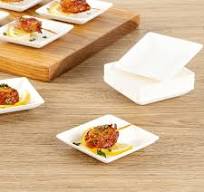 Pulp Safe No PFAS Added Square White Sugarcane / Bagasse Mini Modern Plate  - Home Compostable - 2 1/2" x 2 1/2" x 1/2" - 100 count box