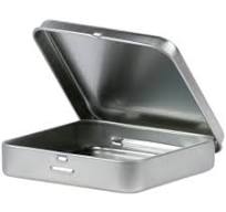 3-1/2 inch square metal tin - hinged; prayer box; square altoid