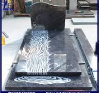France Tombstone Mass Blue Granite with Virgin Mary Carving