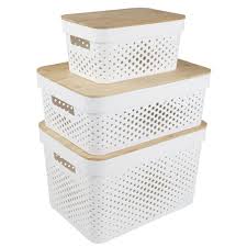 Paniere De Rangement Blanche Avec Couvercle En Bambou Boite De Rangement Rangement Rangement Et Entretien En 2020 Boite De Rangement Box De Rangement Rangement