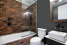 Wall Bathroom Brick Black Bathtub Shower Area Glass Sliding Door Jpg 600 400 Small Bathroom Renos Brick Tiles Bathroom Bathroom Interior Design