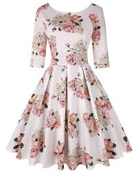 Amazon Com 50s 60s Hepburn 3 4 Sleeve Style Vintage Retro Swing Rockailly Dresses Floral Khaki Size S Long Sleeve Swing Dress Swing Dress Sleeved Swing Dress