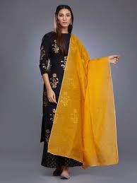 Black And Yellow Suits For Ladies Black Mustard Yellow Chanderi Block Printed Suit Set Of 3 All Black Dresses New Dress Design Indian Mustard Yellow Outfit