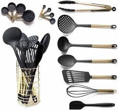 Black And Gold Kitchen Utensils Black And Gold Cooking Utensils With Stainless Steel Gold Utensil Holder 16 Piece Set Includes Black And Gold Measuring Spoons Black And Gold Measuring Cups In 2020 Gold Kitchen Gold Utensils