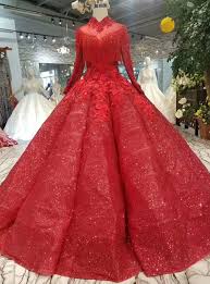 Red Ball Gown High Neck Long Sleeve Appliques Floor Length Wedding Dress Jurken Trouwjurk Rood Kant
