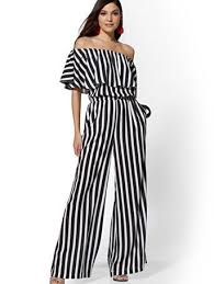 Black And White Striped Jumpsuit Outfit Ideas Shop 7th Avenue Black White Stripe Off The Shoulder Jumpsuit Find Your Perfect Size Online At The Best Fashion Modest Fashion Outfits Black White Jumpsuit