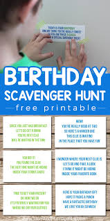 Birthday Scavenger Hunt For Adults Birthday Scavenger Hunt With Free Printables Birthday Surprise Kids Birthday Party Games For Kids Scavenger Hunt Birthday