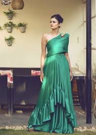 Off Shoulder Bottle Green Gown With Ruffles Wedmegood Wedmegood Indianweddings Gown Green Bo Indian Cocktail Dress Cocktail Dress Outfit Cocktail Gowns