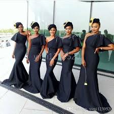 African Black Mermaid Brdesmaid Dresses 2020 One Shoulder Sweep Train Ruffles Beads Garde Maid Of Honour Dresses Nigerian Bridesmaid Dresses Bridesmaid Dresses