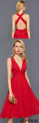 Us 90 00 A Line V Neck Knee Length Chiffon Cocktail Dress With Ruffle Bow S Jj S House Red Cocktail Dress Chiffon Cocktail Dress Circus Dress