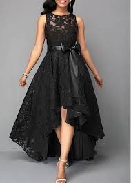 Rotita Black Lace High Low Prom Dress Evening Dress Cocktail Dress Sleeveless High Low Belted Black Lace High Low Lace Dress Belted Lace Dress Solid Maxi Dress
