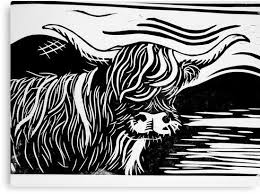 Black And White Linoleum Print Highland Cow Lino Print Lino Print Linocut Prints Linocut Art