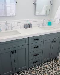Beach House Bathroom Remodel Frosty Carrina Quartz Counter Tops Custom Cabinets Cement Tile From Cement Tile Shop Subway Tile Beach House Bathroom White Subway Tile Bathroom Vanity Backsplash