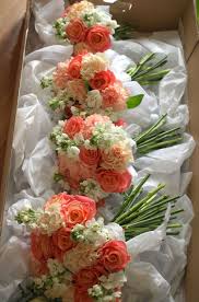 Miss Piggy Roses Carnations And Stocks By Bows Blooms Peach White Coral Coral Bouquet Wedding Coral Wedding Flowers Wedding Bouquets