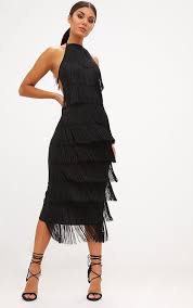 Black Tassel Halterneck Midi Dress Fashion Flapper Wedding Dresses Black Fringe Dress