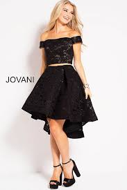 Jovani Dress 39618 Black Two Piece High Low Lace Off The Shoulder Cocktail Dress Two Piece Cocktail Dresses Two Piece Short Dress Black Short Dress