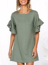 Round Neck Plain Bell Sleeve Shift Dress Ladies Mini Dresses Ruffled Dress Women Casual Tunic Dress