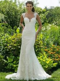 V Neck Lace Fit And Flare Wedding Dress With Key Hole Back With Lace Detail And Border Sweethea Fit And Flare Wedding Dress Wedding Dresses Wedding Gowns Lace