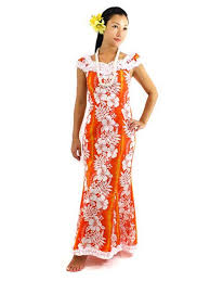 Nahenahe Ruffle Long Muumuu Dress Hibiscus Fern Orange Hula Costumes Hula Supply Alohaoutlet Selects Hula Dress Hawaiian Fashion Polynesian Dress