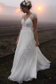 2020 V Neck Summer Outdoor Wedding Dress Lace Cap Sleeve Open Back Bridal Gowns A Lin Beach Wedding Dresses Backless Outdoor Wedding Dress V Neck Wedding Dress
