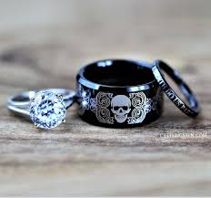 Tungsten Wedding Ring Set Rocker Biker Skull 3 Piece Set Custom Engraved Skullring Wedd Mens Wedding Rings Unique Skull Wedding Ring Skull Engagement Ring