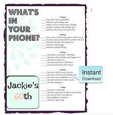 Birthday Party Games For Adults 60th Birthday Party Game Whats In Your Phone Birthday Party 60th Birthday Party Mom Party Games 1st Birthday Party Games