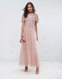 Asos Wedding Iridescent Delicate Beaded Flutter Sleeve Maxi Dress Pi Pink Bridesmaid Dresses Blush Pink Bridesmaid Dresses Pretty Dresses