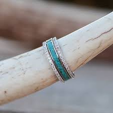 About This Ring Set The Sierra Turquoise Band Material Titanium Crushed Turquoise With Resin Protective Seal Gold Wrap Ring Turquoise Jewelry Fine Jewelry