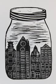 Black And White Linoleum Print A5 Lino Print Mason Jar Amsterdam Houses Black And White Linocut Printmaking Linocut Prints Linocut Art