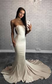 Mermaid Strapless Sweep Train Ivory Elastic Satin Prom Dress Satin Prom Dress Dresses Prom Dresses