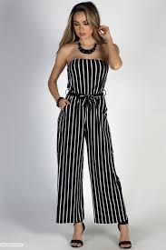Black And White Striped Jumpsuit Outfit Ideas Effortless Black White Stripes Strapless Wide Leg Jumpsuit White Striped Dress Outfit Striped Dress Outfit Summer Stylish Jumpsuit