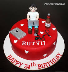 Personalized Birthday Cakes For Men With Name Gadgets Techie Theme Customized Designer Cake With Guy Figurine Sitting And Chilling With Laptop I Cake For Boyfriend Birthday Cake For Boyfriend Bottle Cake