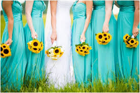 Tiffany Blues With A Pop Of Sunflower Yellows For Bridal Party Sunflower Wedding Turquoise Bridesmaid Dresses Turquoise Bridesmaid