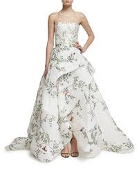 Monique Lhuillier Strapless Bird Print Silk Gazar Gown White Multi Bird Print Dress Evening Gowns White Evening Dress