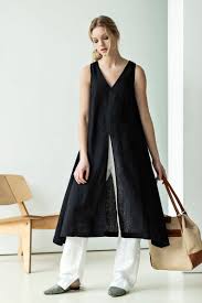 Black Linen Tunic Dress Sleeveless V Neck Dress Linen Midi Etsy Stil Boho Boho Platya