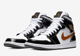 Jordan 1 Mid Patent Black White Gold On Feet Jordan 1 Mid Black Gold Patent Leather Store List Sneakernews Com Air Jordans Sneakers Men Fashion Black And Gold Sneakers