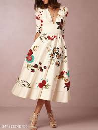 V Neck Printed Skater Dress Berrylook Com Cheap Fashion Dresses Maxi Dress With Sleeves Women S Fashion Dresses
