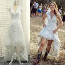 Cheap High Low Country Lace Wedding Dresses 2017 V Neck Cap Sleeves Applique Sheer Strap V Neck Wedding Dress Wedding Dresses High Low Designer Wedding Dresses