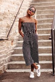 Black And White Striped Jumpsuit Outfit Ideas Strip Jumpsuit White Sneakers Jumpsuit Outfit Casual Jumpsuit Pattern Fashion