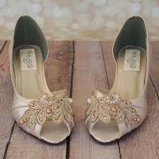 Dark Ivory Peep Toe Custom Wedding Shoes With Handmade Crystal And Pearl Applique Kitten Heel Wedding Shoes Bridal Shoes Low Heel Wedding Shoes Heels