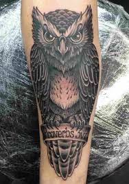 Forearm Bird Of Prey Tattoo Black Ink Owl With Banner Tattoo Design For Men Forearm Jovens Tatuados Desenhos Para Tatuagem Masculino Tatuagem Braco