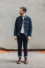 Black Pants And Blue Denim Jacket Dark Blue Denim Jacket White Tee Dark Blue Jeans Brown Leather Boots Leatherjacketsformenyellow Denim Jacket Men Outfit Jeans Outfit Men Denim Outfit Men