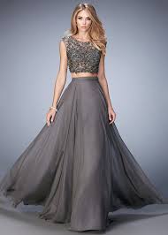 Gigi 22929 Gunmetal Lace Crop Top 2pc Evening Gown Piece Prom Dress Prom Dresses Formal Dresses